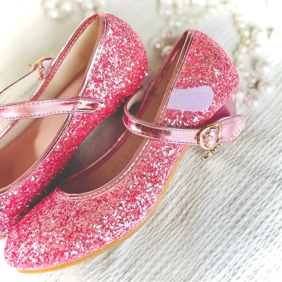 HANKAYOU | 34 / 5 | Girls’ Pink Glitter Low Heel Mary Jane Sparkle Shoe - Picture 11 of 13